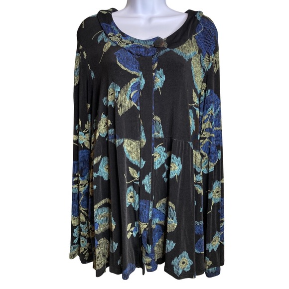 Tops - Fiber Arts Womens Liquid Knit Black Blue Dark Floral Blouse Est Sz 3X‎ Flowy